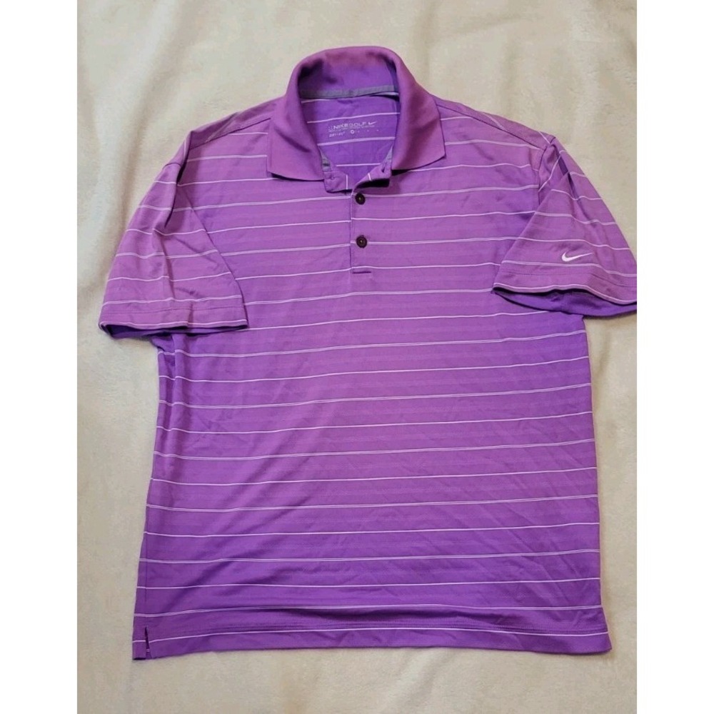 NIKE GOLF DRI-FIT MENS PURPLE STRIPED SHORT SLEEVE POLO SIZE MEDIUM
